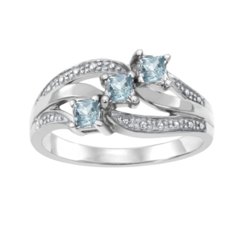 Sterling Silver Ring with Genuine Multi-Gemstone, Size 6, Three-Stone Aquamarine